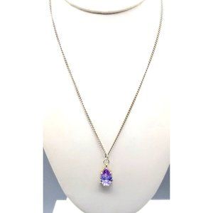 Vintage Solitaire Teardrop Purple Pendant Necklace on Delicate Silver Tone Chain